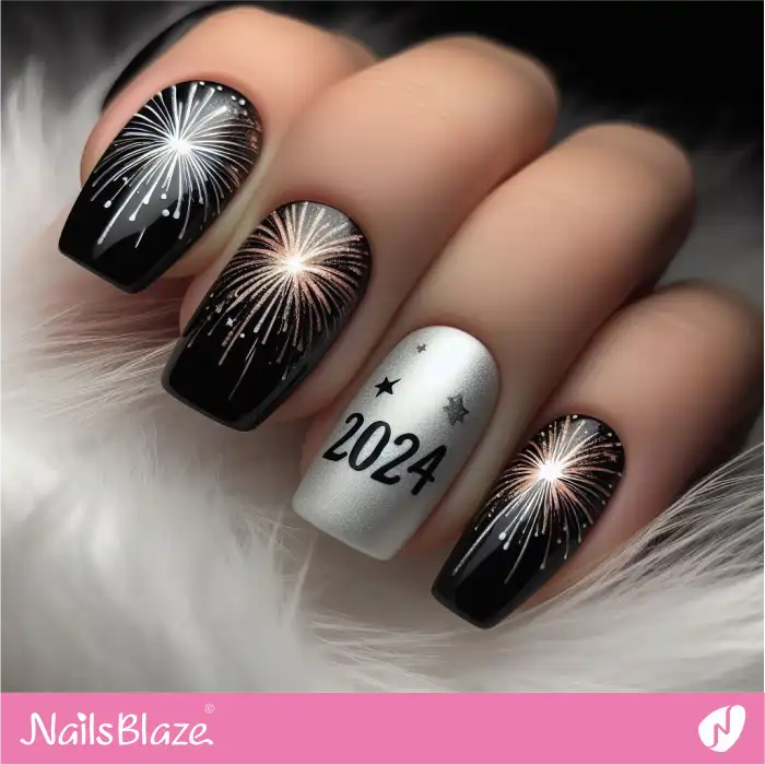 Black and Silver New Year's Nails with Fireworks Design | 2024 Nails - NB3714